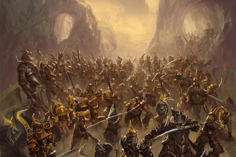 Prompt: dungeons and dragons fantasy painting, orderly lines of warriors in golden armor like helenika the champion, close order phalanx of ashigaru cute goblin mice, anime inspired, heroic paladins white and gold, steampunk trim, brandishing naginata haldberds, whiskers, by brian froud, jessica rossier, and greg rutkowski