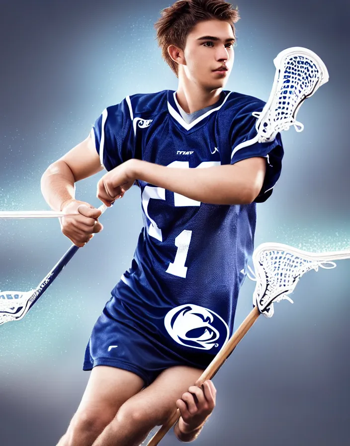 Image similar to closeup portrait of very beautiful cute male lacrosse player in a penn state stadium, glamour pose, particle effects, backlit, highly detailed, soft ambient lighting, sharp focus, rule of thirds, artgerm, wlop, arney freytag, rossdraws, frank frazetta, andrei riabovitchev, hd, octane, 4 k