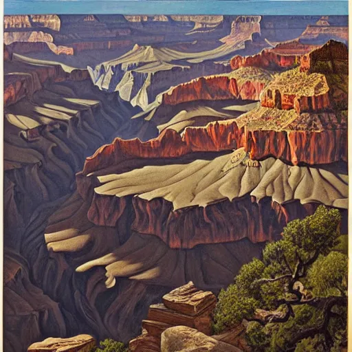 Image similar to masterpiece grand canyon by Escher and O'Keefe, highly detailed, matte painting