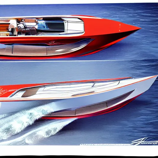 Prompt: concept drawing of a speedboat by Giorgetto Giugiaro, full color magazine print