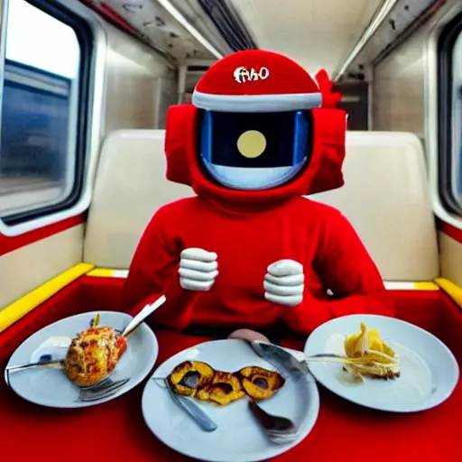 Prompt: lomo astronaut having dinner with cocacola in train