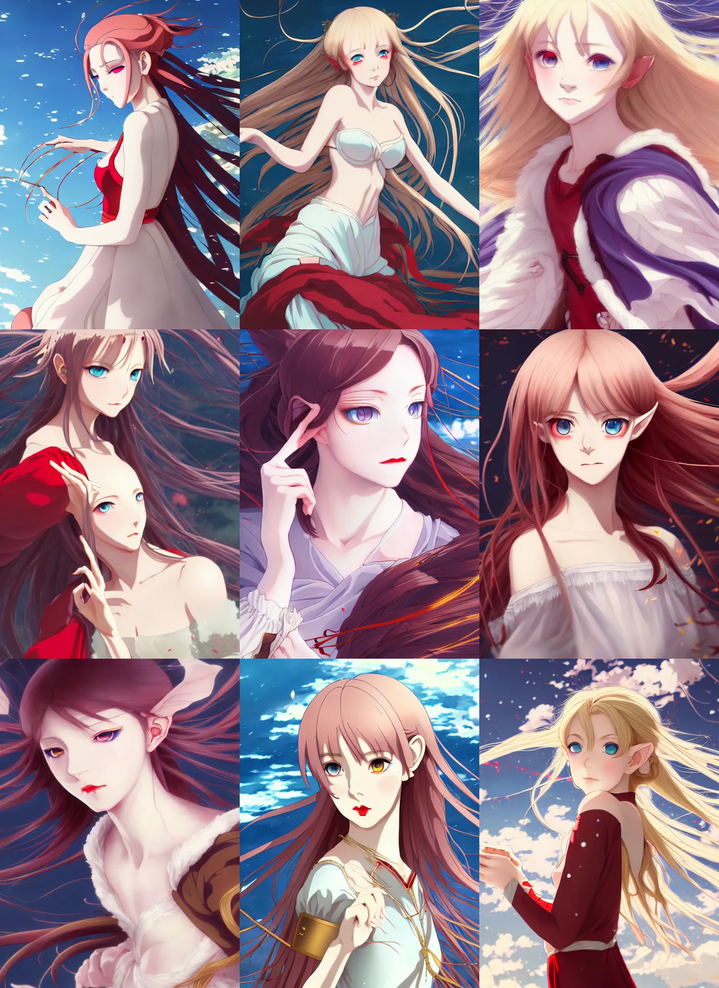 Prompt: renaissance anime of elf girl with white skin, wide golden eyes and red lips, hair blowing the wind, trending art, fashion photography, centered, hyper detailed, studio glibly makoto shinkai, wlop