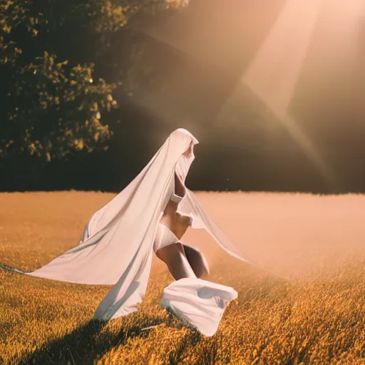 Prompt: filmstill photography of female body covered with wet white translucent blanket acrylic liquid colors, luxurious supermodel photoshooting, golden jewelry, bokeh, godrays, strong wind, wrinkles, sunrays, sunset, lens flares