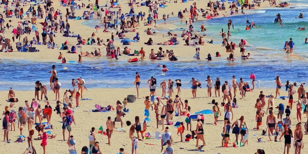 Prompt: Extremely detailed wimmelbilder picture of people at the beach