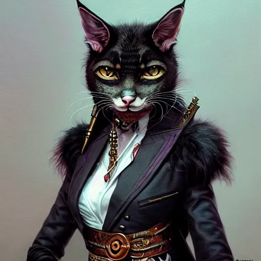 Image similar to portrait painting of a punk tabaxi bard with tuxedo fur, ultra realistic, concept art, intricate details, eerie, highly detailed, photorealistic, octane render, 8 k, unreal engine. art by artgerm and greg rutkowski and charlie bowater and magali villeneuve and alphonse mucha