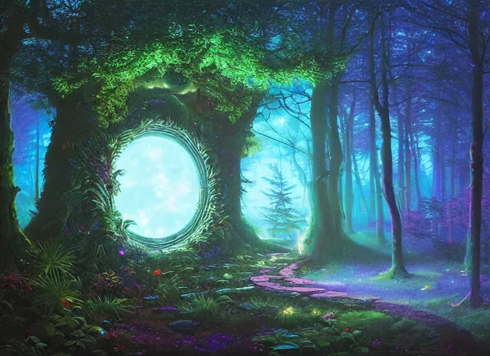 Prompt: cosmic portal in an enchanted forest at night, swirling magical glowing light portal, ferdinand knab, alena aenami, dan mumford