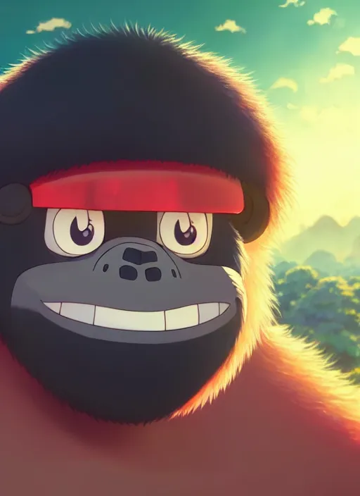 Image similar to wholesome cartoon anime gorilla holding a very small red mushroom, chilled out smirk on face, sunny sky background, lush landscape, illustration concept art anime key visual trending pixiv fanbox by wlop and greg rutkowski and makoto shinkai and studio ghibli and kyoto animation, symmetrical facial features, red headphones on head