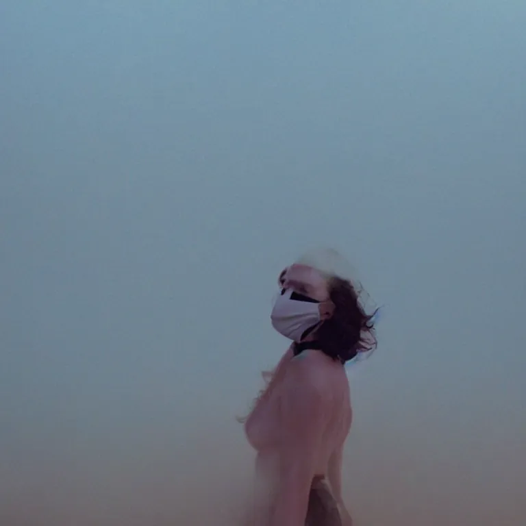 Image similar to The full body shot of beautiful pale woman with many flowers and full-face black mask inside a thick cloud black smoke in rocky desert landscape, glowing eyes, falling star on the horizon by Gaspar Noe, Alejandro Jodorowsky and Christopher Doyle, anamorphic lens, anamorphic lens flares, kodakchrome, cinematic composition, award winning photo, 8k