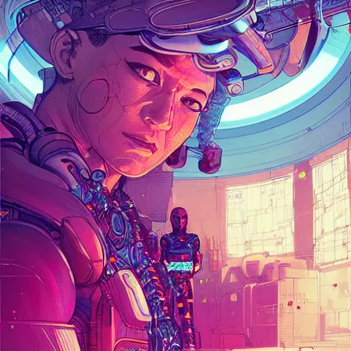 Prompt: comic book illustration, a portrait of a cybernetic monk meditating, cyberpunk concept art by josan gonzales and wlop, highly detailed, intricate, sci-fi, sharp focus, Trending on Artstation HQ, deviantart