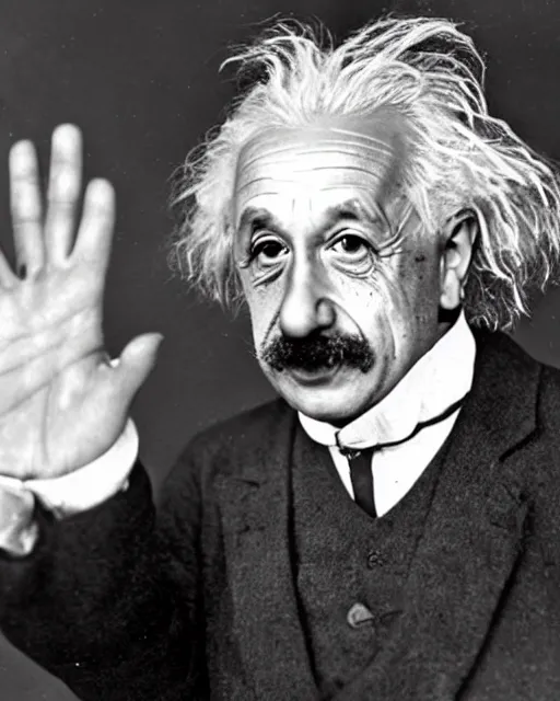 Image similar to an realistic photo of Albert Einstein holding an open palm with 7 fingers