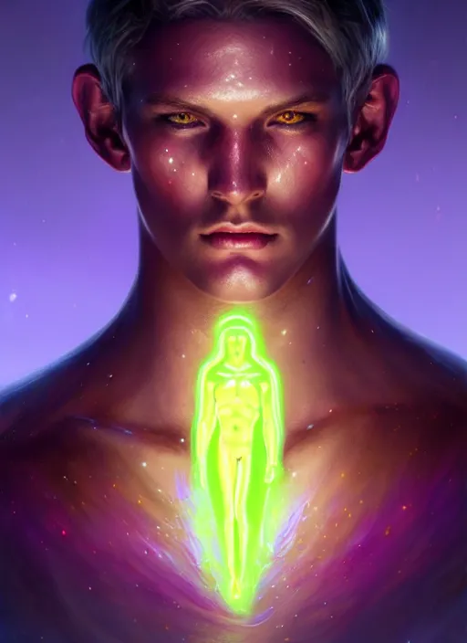 Image similar to a faceless masculine humanoid adventurer made of liquefied stardust, dnd fantasy character, full body portrait, glowing neon skin, magical aura, ultra realistic, intricate, elegant, highly detailed, digital painting, artstation, smooth, sharp, focus, illustration, art by artgerm and greg rutkowski and alphonse mucha