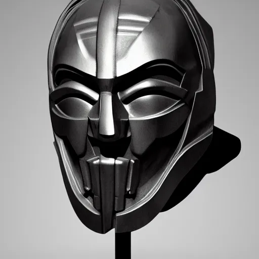 Image similar to MF DOOM mask, highly detailed photo realistic render, shadows, sculpture