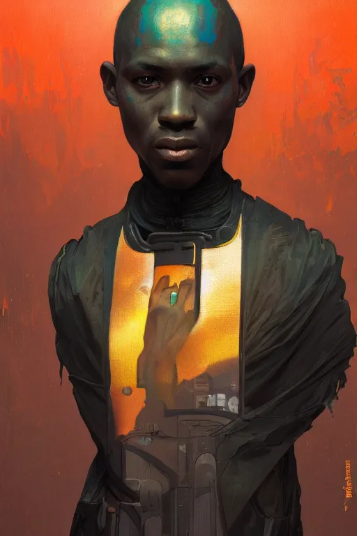 Image similar to a full body portrait oil painting illustration of an african man by justin sweet and greg rutkowski and alphonse mucha with face and body clearly visible, techwear, futuristic, cyberpunk, artstation trending, high quality, sombre mood, artstation trending, abstract colours, no crop, entire character!,