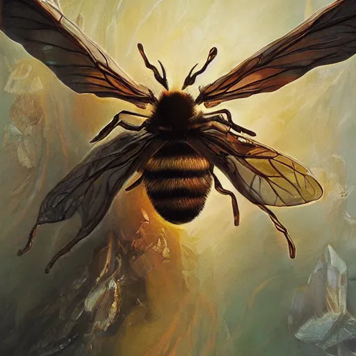 Image similar to incredible monster bee by stanley artgerm lau, wlop, rossdraws, james jean, andrei riabovitchev, yoshitaka amano. background by james jean and gustav klimt, light by julie belltrending on artstation