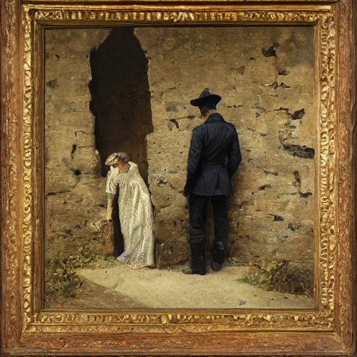 Image similar to young victorian man and woman solving a riddle carved into a stonewall in a dungeon, by alfred stevens