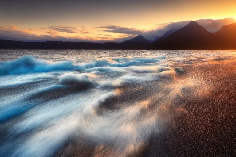 Prompt: landscape photography by marc adamus, waves in the shore, sunset, lake