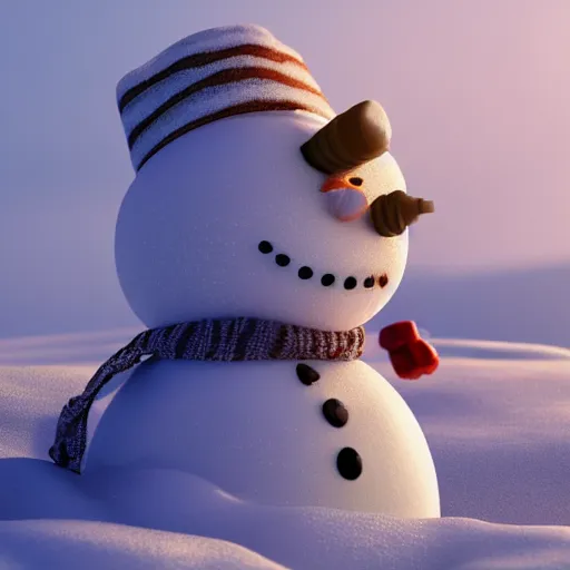 Image similar to a highly detailed snowman with a smile, artstation, DeviantArt, professional, octane render, sunset lighting