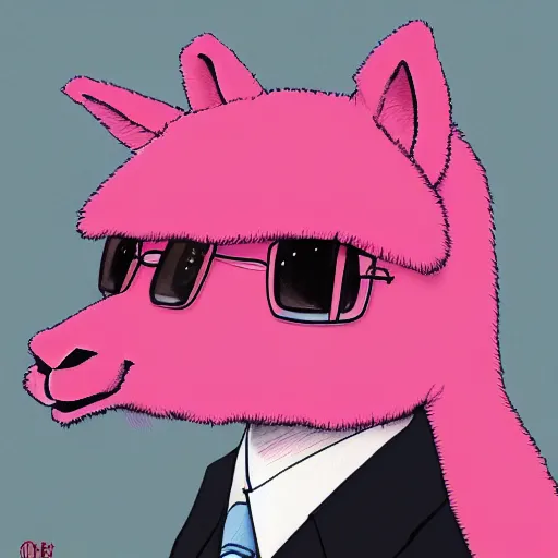 Prompt: portrait of a pink alpaca wearing a suit by Hayao Miyazaki, manga, trending on artstation, beautiful, colorful