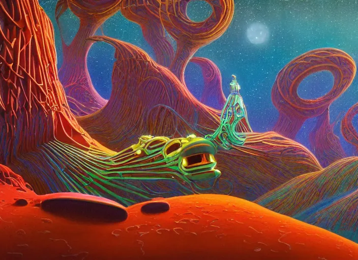 Image similar to close up photography of strange surrealist detailed glowing alien electronic-musical-instruments!! in a bryce 3d surrealist landscape biome, designed by pixar!!, Michael Whelan art directs Dune (1984), hyper detailed, photorealistic, 8k, hd