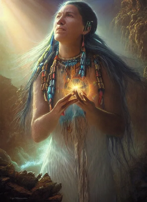 Prompt: a beautiful closeup portrait of an indigenous female shaman receiving particles of loving light energy, god rays, matte painting, designed by dr seuss and michal karcz, by christophe vacher