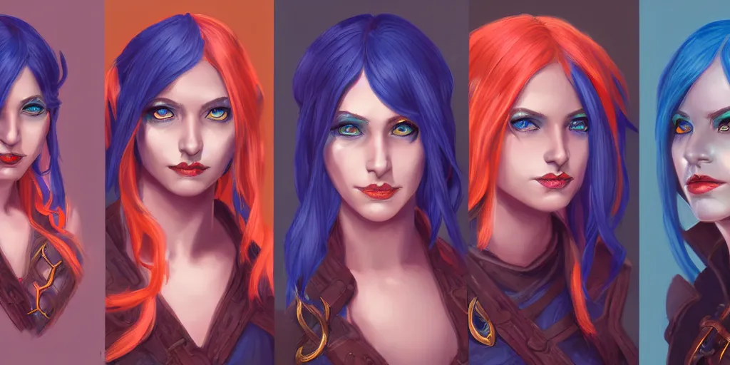 Prompt: triptych of youthful female feminine tiefling female bard with long bob cut blue hairstyle, her skin is tangerine, she has immaculate skin and pure black eyes and is wearing colorful leather armor by rossdraws,