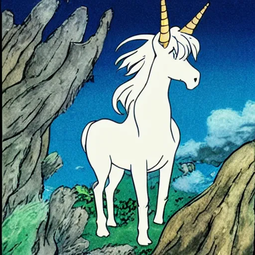 Image similar to the last unicorn in the style of studio ghibli