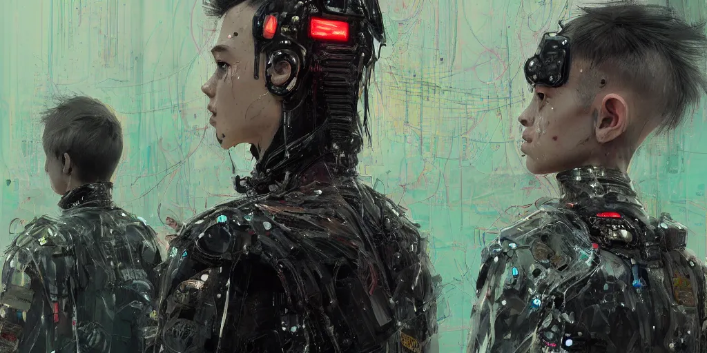 Image similar to detailed portrait Neon guard boy with short dark hair seen from the back, cyberpunk futuristic, reflective puffer jacket, black leggings, decorated with traditional ornaments in front of a dystopian crowd with piles of garbage by Ismail inceoglu dragan bibin hans thoma, Perfect face, fine details, realistic shaded, fine-face, pretty face