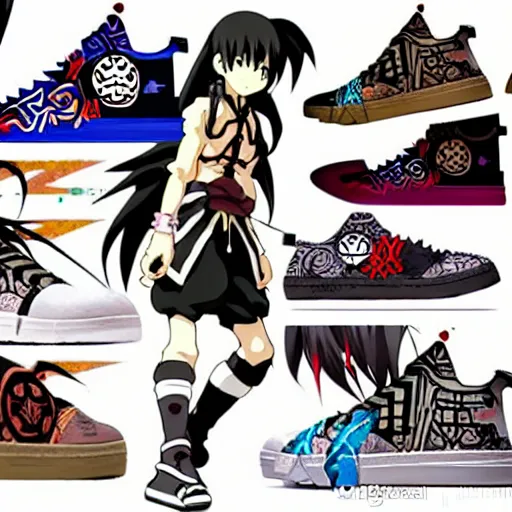 Image similar to fantasy anime jrpg sneaker design designed by studio ghibli, chrono trigger guilty gear style, aztec mayan street fashion native punk sneaker design, hip hop sneaker design with subtle mayan patterns, gapmoe yandere grimdark, trending on pixiv fanbox, painted by greg rutkowski makoto shinkai takashi takeuchi studio ghibli, akihiko yoshida