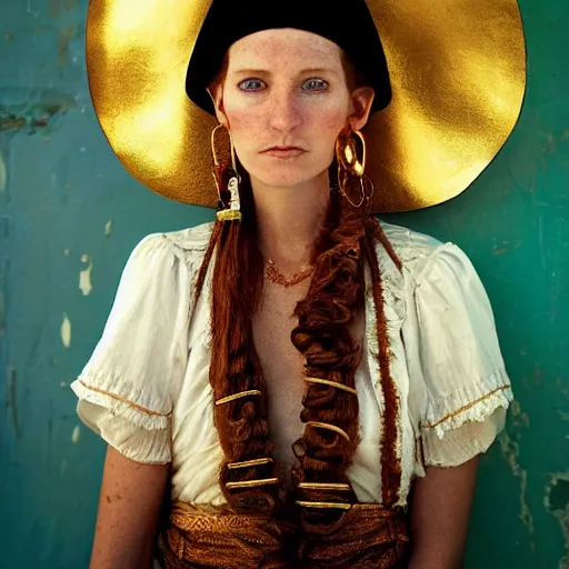 Image similar to beautiful 1 9 th century barbary coast pirate female models with ginger hair and golden hooped earrings photography by steve mccurry