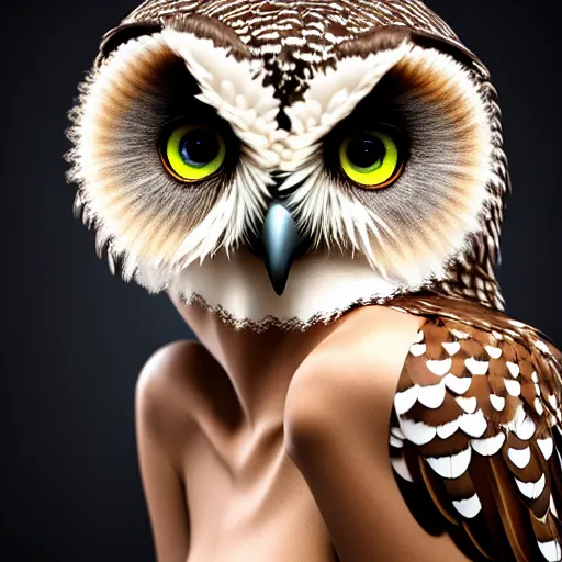 Prompt: beautiful humanized owl girl in full growth, studio shot in style, professional photographer, many details, super realistic, high quality, 8 k