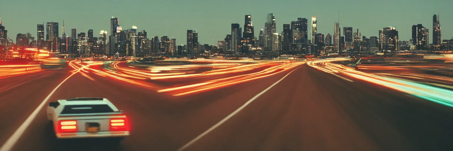 Image similar to 8 0 s neon movie still, high speed car chase on the highway with city in background, medium format color photography, 8 k resolution, movie directed by kar wai wong, hyperrealistic, photorealistic, high definition, highly detailed, tehnicolor, anamorphic lens, award - winning photography, masterpiece