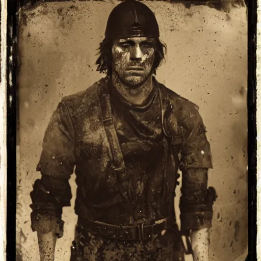 Image similar to A wet-collodion styled portrait of a disheveled solider coming back from battle looking defeated, staring straight into the camera. Depth of field, smokey background, high contrast, extremely detailed.