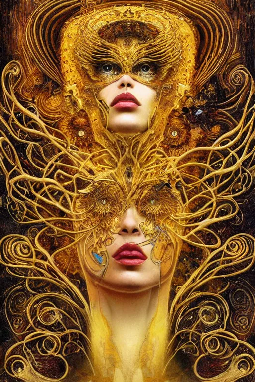 Image similar to Intermittent Chance of Chaos Muse by Karol Bak, Jean Deville, Gustav Klimt, and Vincent Van Gogh, enigma, fate, otherworldly, fractal structures, arcane, prophecy, ornate gilded medieval icon, third eye, spirals