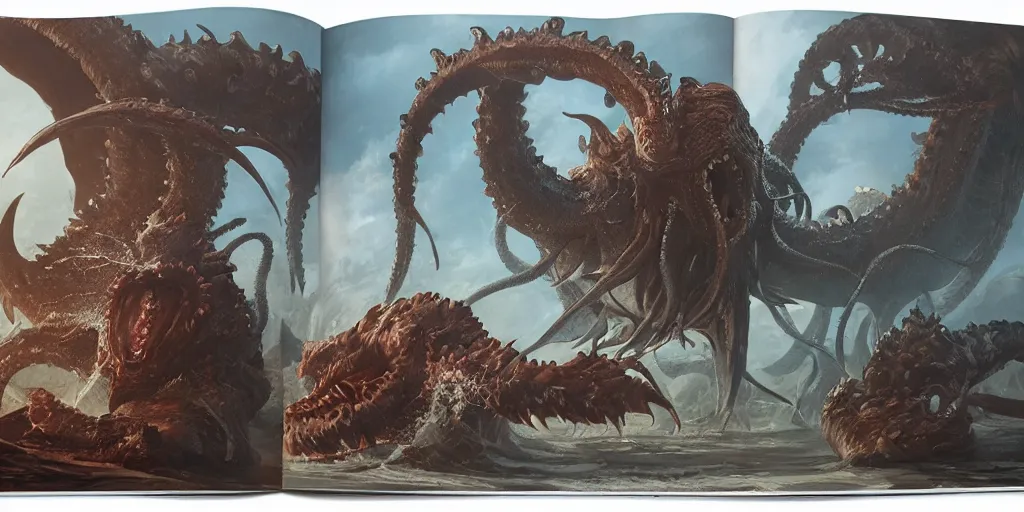 Prompt: The Kraken, Monster Hunter Illustrations art book, giant, Moebius, Greg Rutkowski, Zabrocki, Karlkka, Jayison Devadas, Phuoc Quan, trending on Artstation, 8K, ultra wide angle, zenith view, pincushion lens effect.