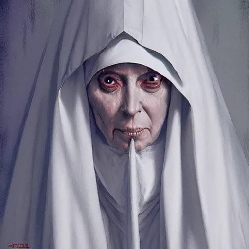 Prompt: portrait of a scary ghostly nun highly detailed, centered, digital painting, artstation, concept art, by donato giancola Greg Rutkowski, trending on Artstation, Joseph Christian Leyendecker, WLOP, Boris Vallejo, octane render, dark, moody, foggy