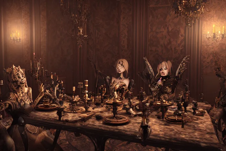 Image similar to dark witches sitting at a table doing a ritual. Ornate details, award winning. Octane render, 4k, 8k, unreal 5, very detailed, hyper control-realism, trending on artstation.”