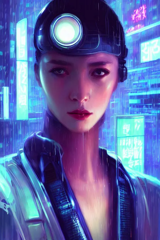 Prompt: portrait futuristic lovely cyberpunk female police, in heavy rainning futuristic tokyo rooftop cyberpunk night, ssci-fi, fantasy, intricate, very very beautiful, elegant, neon light, highly detailed, digital painting, artstation, concept art, soft light, hdri, smooth, sharp focus, illustration, art by tian zi and craig mullins and WLOP and alphonse mucha