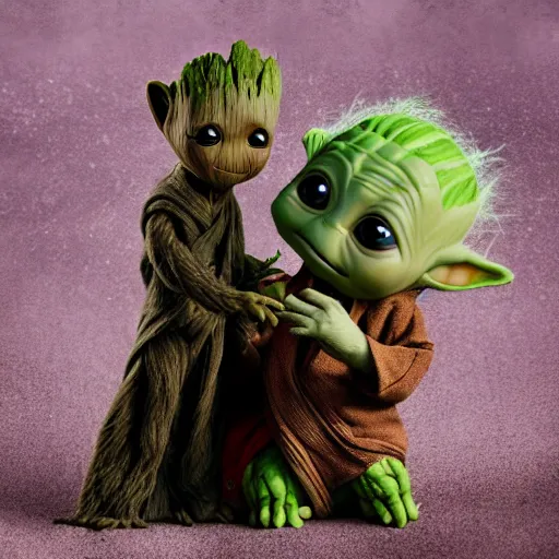 Prompt: baby groot with baby yoda, 8 k photo,