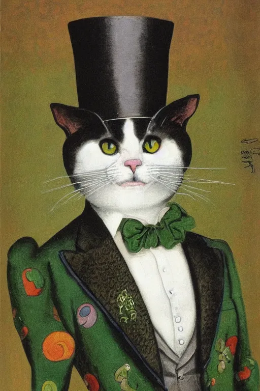 Prompt: 3 / 4 portrait of a cat wearing a top hat and a green three piece suit with a fish in its mouth, by louis wain and david tibet