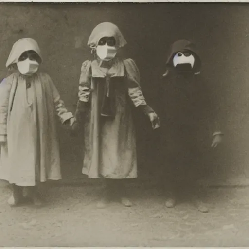 Image similar to portrait of children wearing masks, photograph, style of atget, 1 9 1 0, creepy, dark