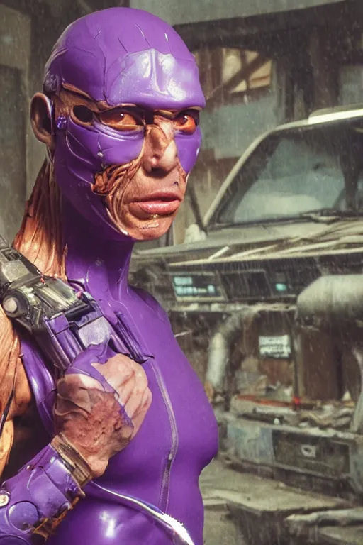 Image similar to A highly detailed rendered, close portrait of a mutant ringer, half human, in purple spandex suit, with scars on his face, high tech equipement attached to the body, in a tropical and dystopic city, in front of a garage, dried palmtrees, thick dust and red tones, bladerunner, cyberpunk, lost city, hyper-realistic environment, Epic concept art. Warhammer 40k