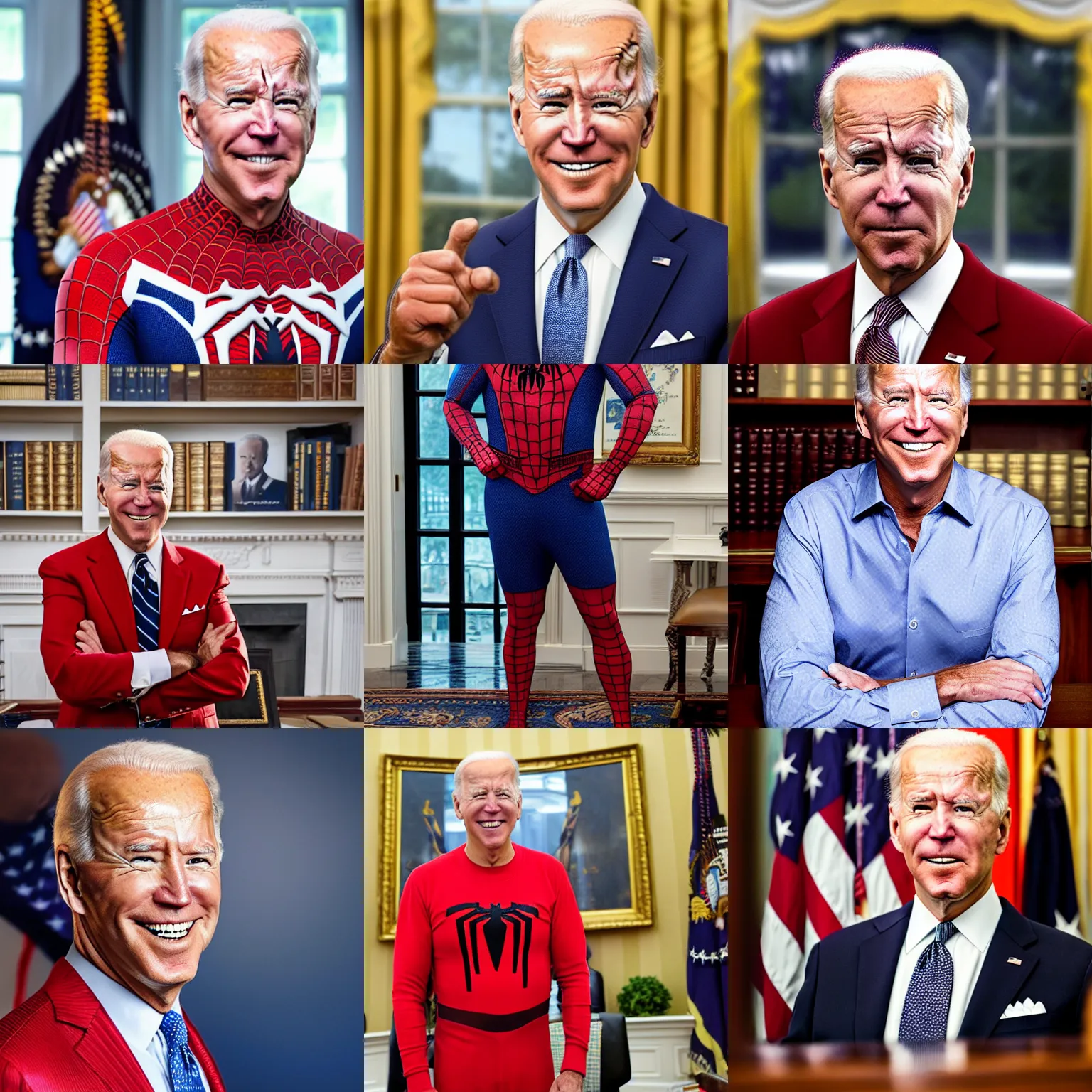 Image similar to professional head shot of joe biden wearing spiderman pajamas and standing in the oval office, very detailed, very intricate, detailed face,