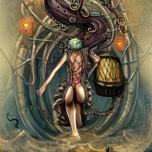 Prompt: fantasy steampunk giant Squid woman frantically playing a huge drum set with tentacles undersea dystopian photorealistic spotlight