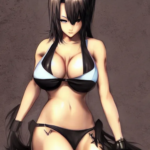 Image similar to beautiful tifa catgirl in a bikini on the beach making eye contact drawn by artgerm