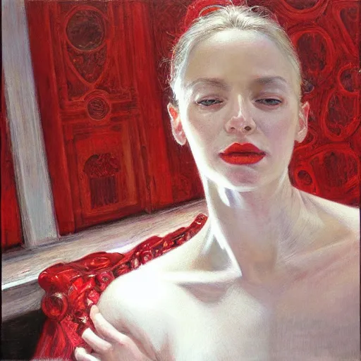 Image similar to portrait of a woman wearing white and red, by donato giancola