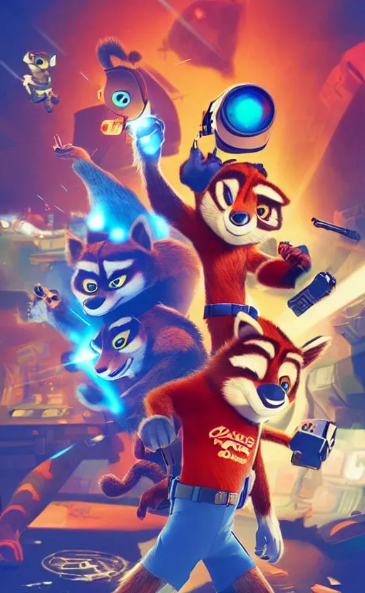 Prompt: “red racoon holding laser gun standing face to face off with blue racoon holding laser gun, boxing style face off, cinematic, dramatic in the style of zootopia”