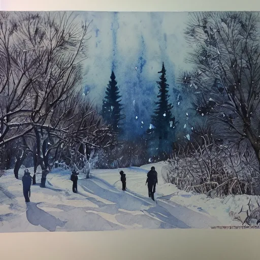 Image similar to water color on paper, winter wonderland, highly detailed, artstation, masterpiece, award - winning,