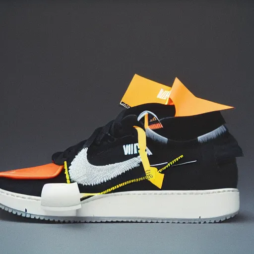 Prompt: a studio photoshoot of A Nike sneaker designed by Virgil Abloh, Off-White, realistictic, color film photography by Tlyer Mitchell, 35 mm, graflex