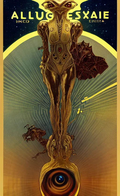 Image similar to exquisite imaginative alien creature poster art, text saying being from beyond, gold, movie art, looming, by lucusfilm, weta studio, alphonso mucha, james jean, frank frazetta, 8 k, denoised, sharp, crisp, high quality, cinematic