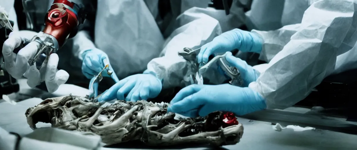 Image similar to filmic dutch angle extreme closeup movie still 4 k uhd 3 5 mm film color photograph of hands wearing surgical gloves dissecting a deceased mysterious grotesque alien specimen in a lab